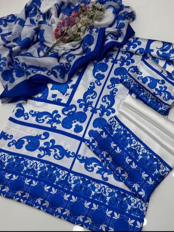 WHITE Floral Digital Printed 3pcs Silk Fabric