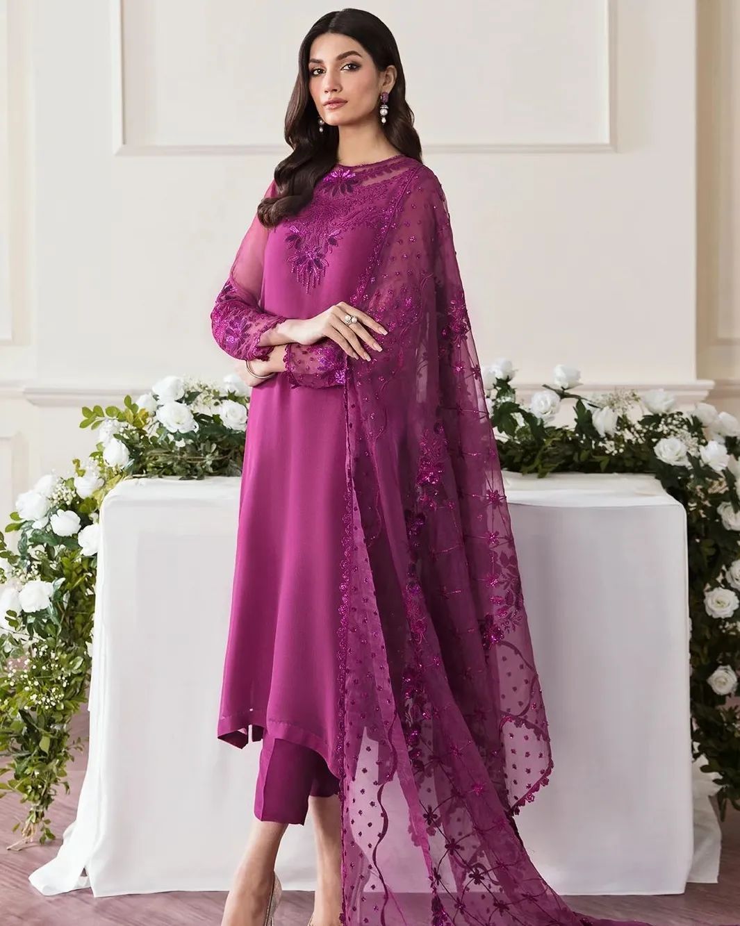 Chiffon shirt &Silk trouser with organza dupatta