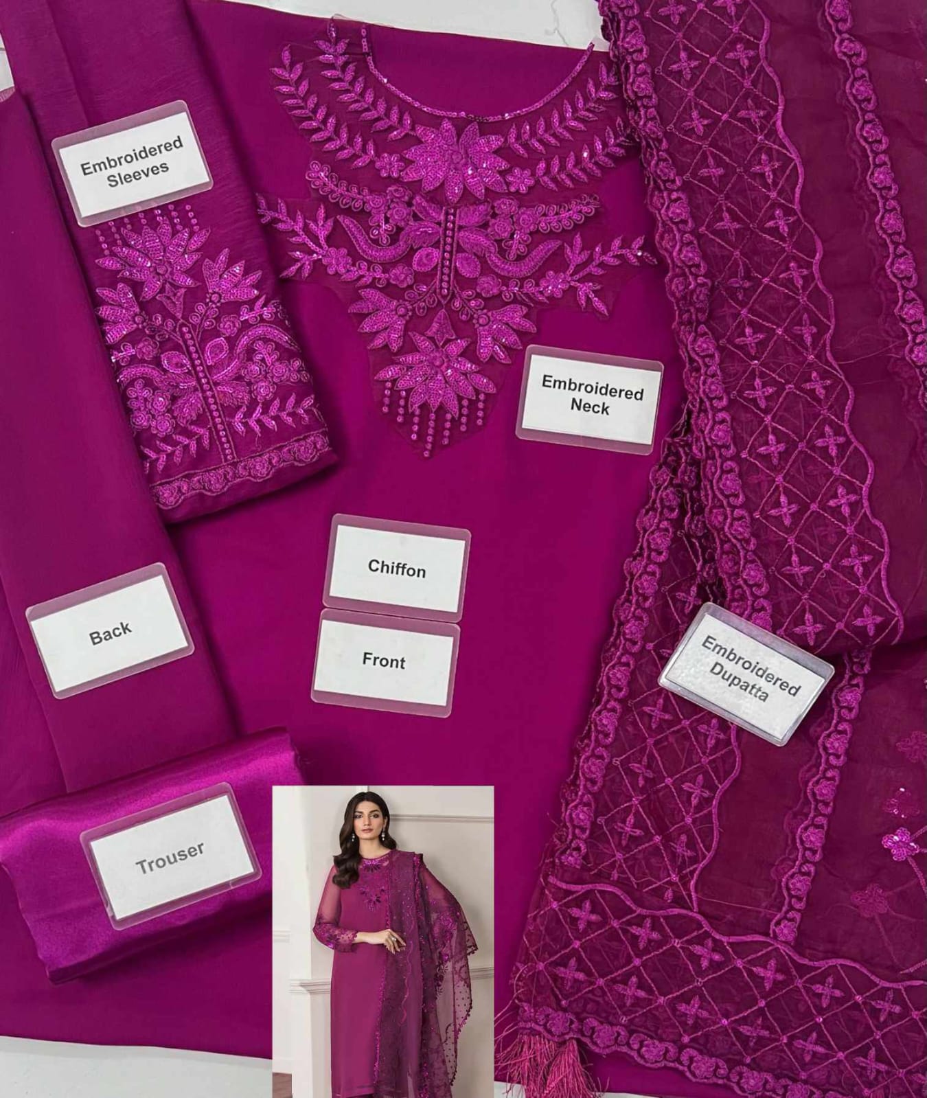 Chiffon shirt &Silk trouser with organza dupatta