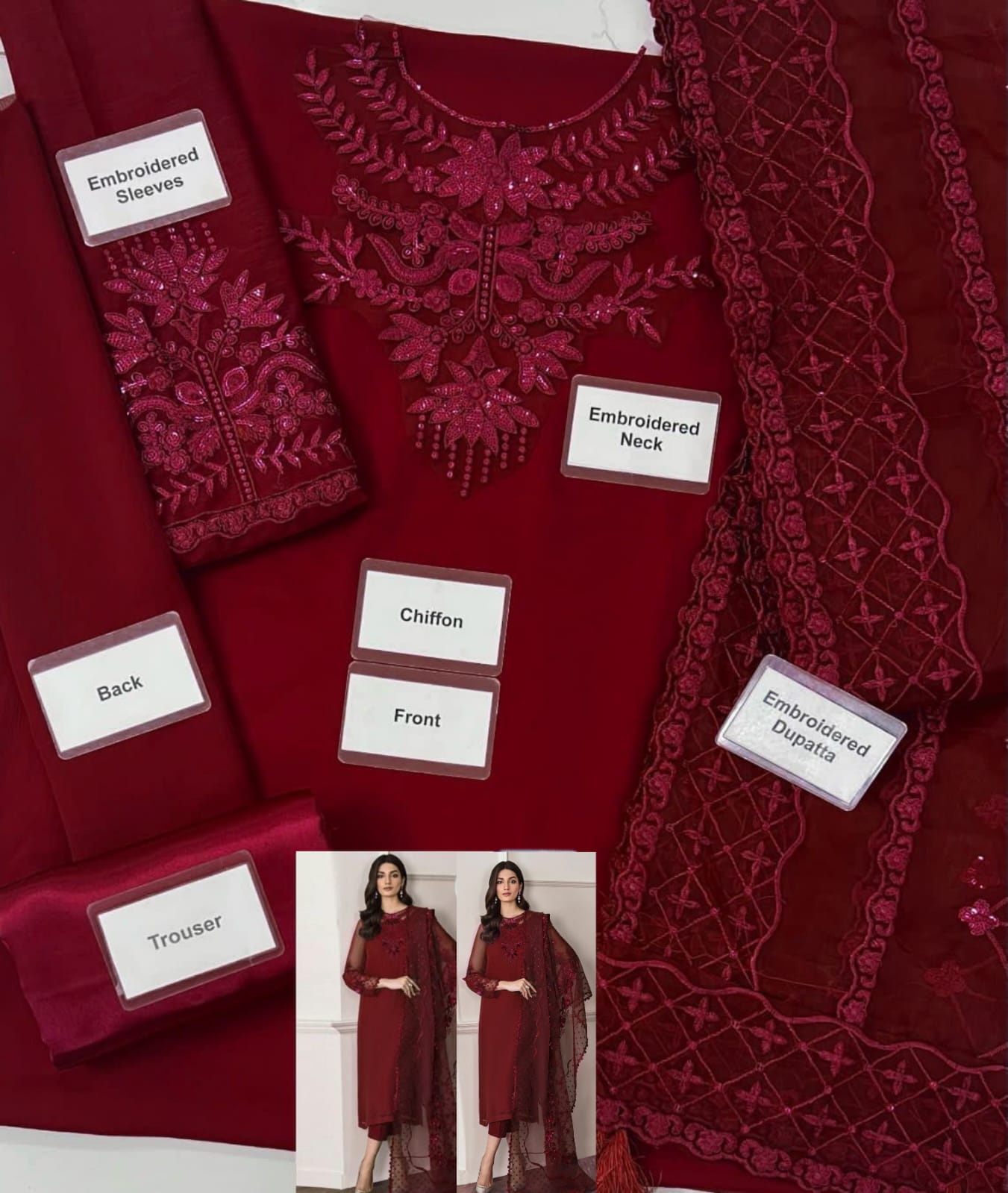 Chiffon shirt &Silk trouser with organza dupatta
